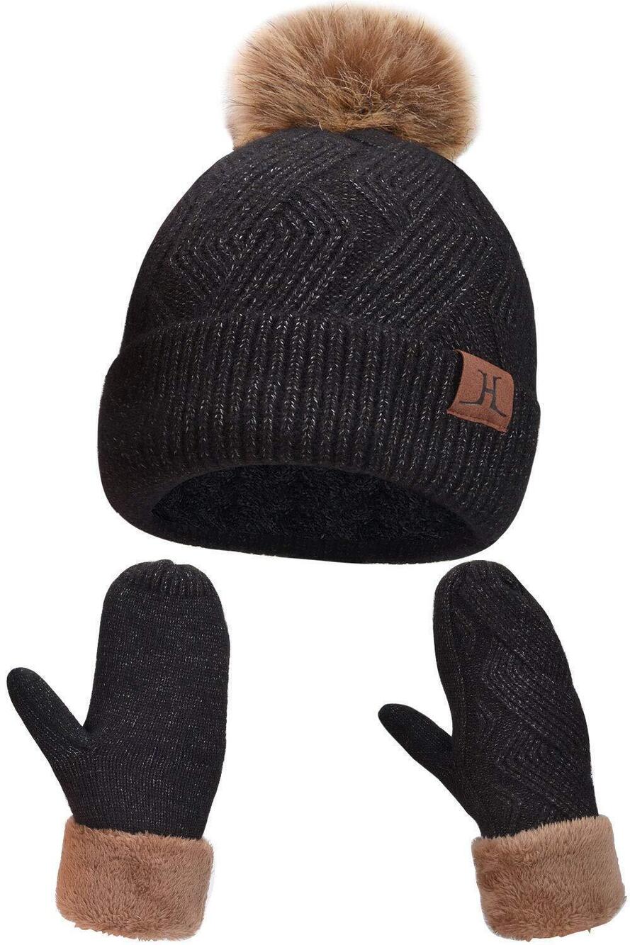 6872 Thick Snow Hat-and-Mittens Set for- Black, Warm Faux Fur Pom Pom